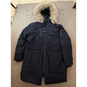 Awaknd Land Mens Black Parka Jacket Fur Hood Winter Warm Size L Long Sleeve